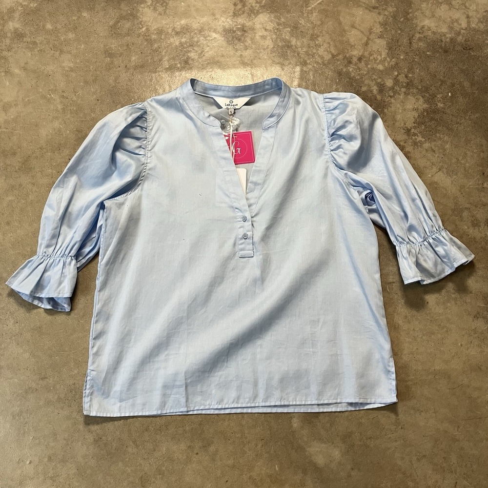 LaRoque Blue Betsy Open Neckline Blouse Womens Small Cotton Poplin Elastic Cuff
